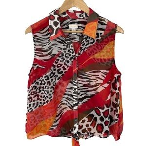Chicos Sheer Sleeveless Top Sz 2 M Animal Print Bold Button Front Sexy Casual